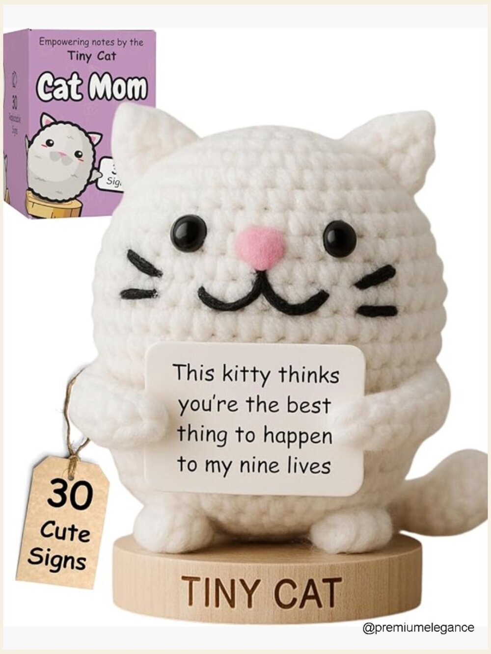 Handmade Crochet Cat Figurine with 30 Swappable Signs - Cat Lover Gift